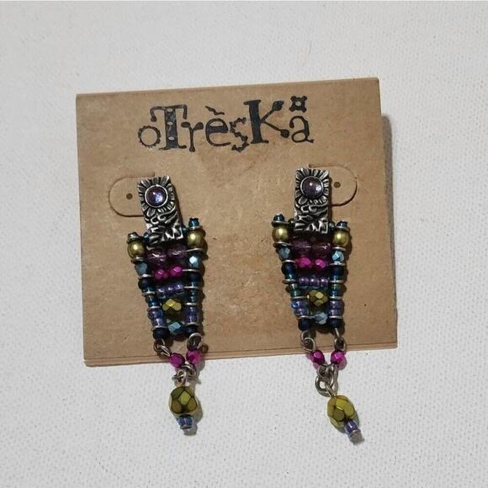 Treska Beaded Drop Earrings Multi Color Boho Silver Tone Post Back Statement‎ 2"